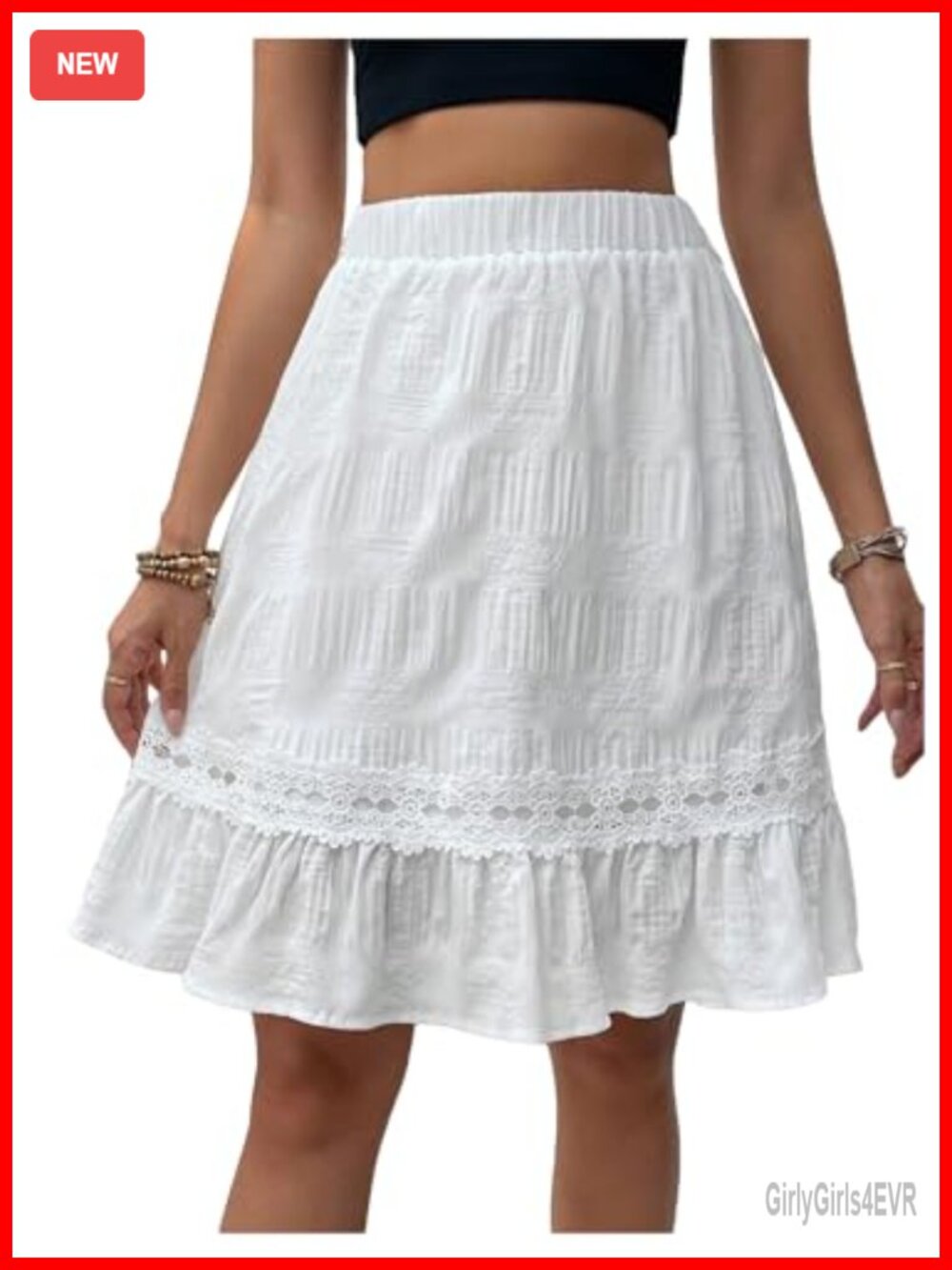 SweatyRocks Women's Contrast Lace Ruffle Hem High Waist A Line Knee Length Skirt